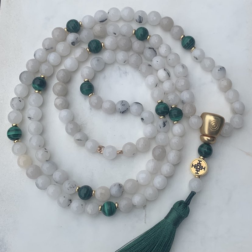 MALA - White Jade for Balance, Malachite for Transformation and Joy