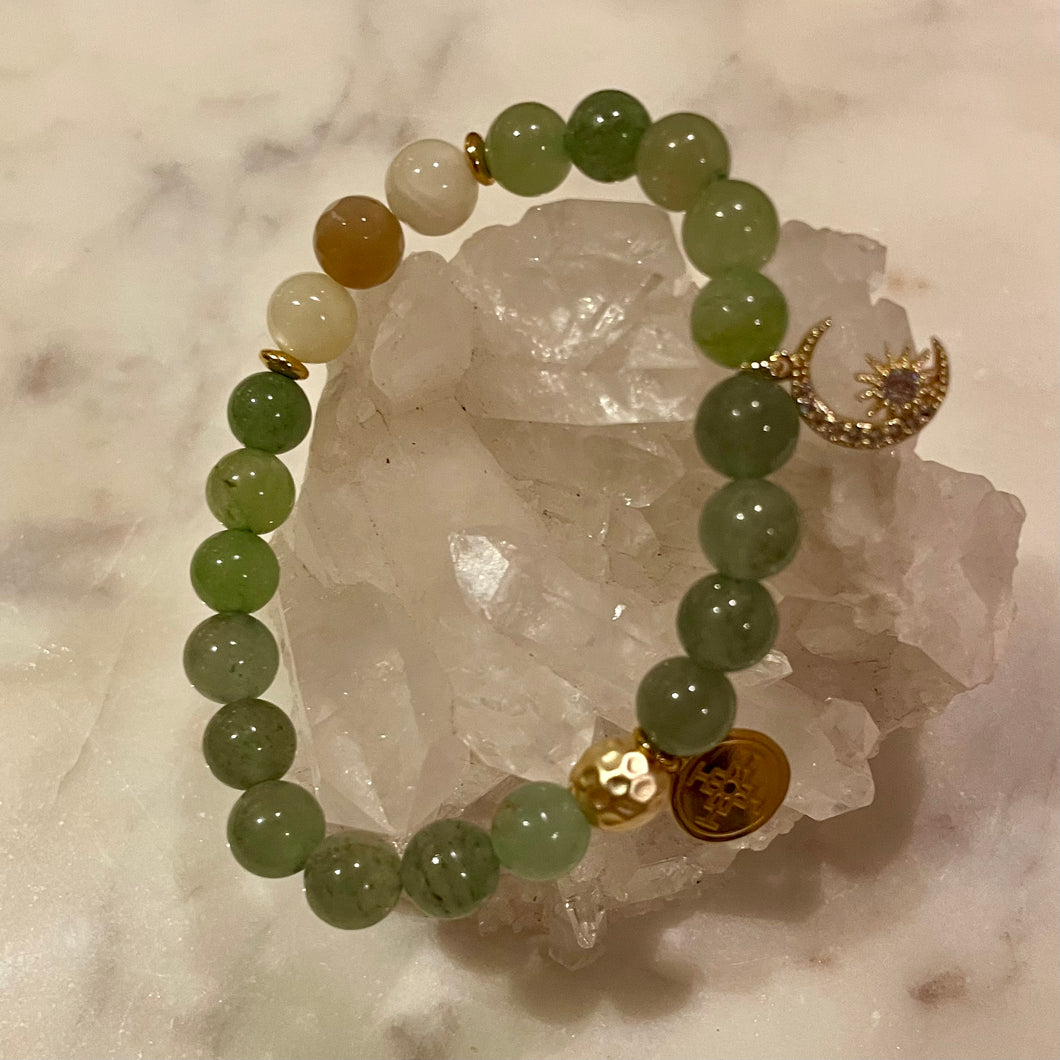 GREEN AVENTURINE  with MOONSTONE & NATURAL STRIPED AGATE The Stones of Wealth, Opportunities, Feminine Energy & Success, 8mm