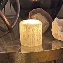 Load image into Gallery viewer, &quot;WELCOME LOVE&quot; SELENITE TEALIGHT CANDEL HOLDER, SMALL, INTERIOR -  The Stone of Purity &amp; Protection
