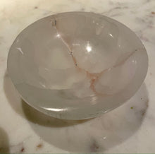 Load image into Gallery viewer, &quot;GRATEFUL&quot;  SELENITE CRYSTAL BOWL, SMALL,  INTERIOR -  The Stone of Purity &amp; Protection
